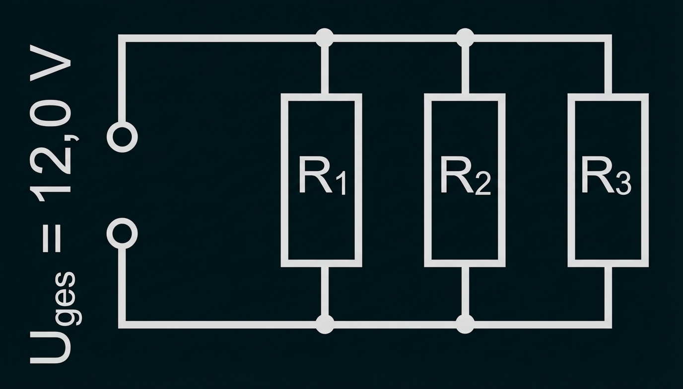 Schaltbild: drei parallel geschaltete Widerstände R1, R2, R3 an einer 12,0 V Spannungsquelle.